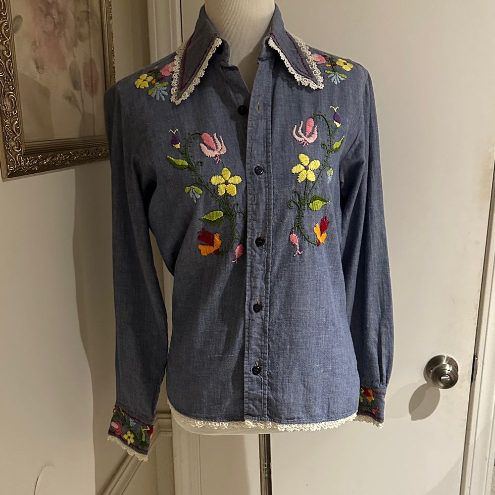Floral Embroidered Denim Blouse